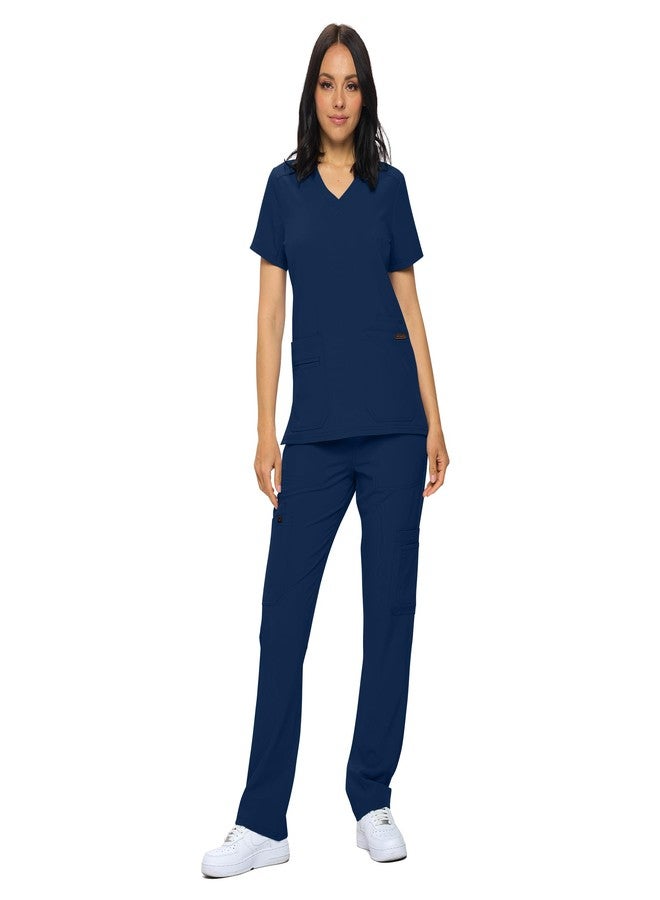 Monarch Uniforms Scrub Sets in Regular and Petite Stretchy Scrubs for Women Set of Scrub Top and Scrub pants-(NAVY BLUE)-L - Image 1